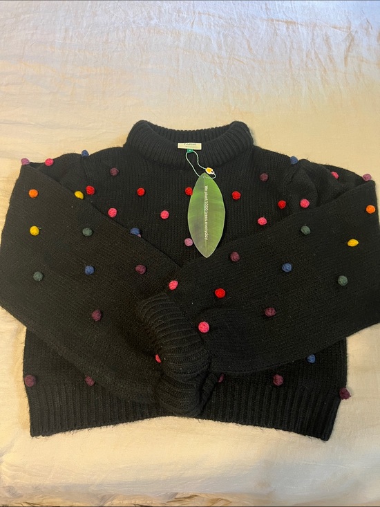 FARM Rio Sweaters - FARM Rio Black Turtleneck Sweater with Multicolor Pom-Poms